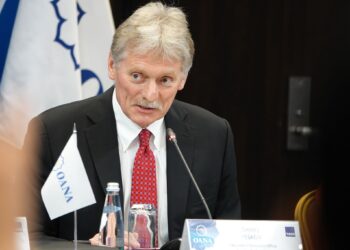 19 June 2025, Russia, St. Petersburg: Kremlin spokesman Dmitry Peskov speaks at the General Assembly of the Organization of Asia-Pacific News Agencies (OANA), an association of news agencies of the UNESCO member states in the Asia-Pacific region. Russian President Putin's spokesman delivers a greeting from the head of state at the event on the sidelines of the St. Petersburg International Economic Forum (SPIEF). Photo: Ulf Mauder/dpa (Photo by Ulf Mauder/picture alliance via Getty Images)