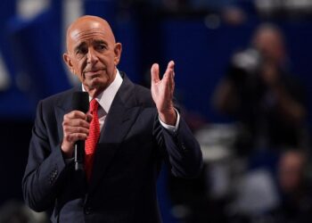 CLEVELAND, OH - JULY 21:  Tom Barrack, former Deputy Interior Undersecretary in the Reagan administration, delivers a speech on the fourth day of the Republican National Convention on July 21, 2016 at the Quicken Loans Arena in Cleveland, Ohio. Republican presidential candidate Donald Trump received the number of votes needed to secure the party's nomination. An estimated 50,000 people are expected in Cleveland, including hundreds of protesters and members of the media. The four-day Republican National Convention kicked off on July 18.  (Photo by Jeff Swensen/Getty Images)