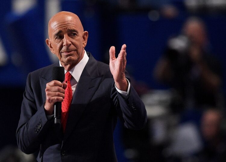 CLEVELAND, OH - JULY 21:  Tom Barrack, former Deputy Interior Undersecretary in the Reagan administration, delivers a speech on the fourth day of the Republican National Convention on July 21, 2016 at the Quicken Loans Arena in Cleveland, Ohio. Republican presidential candidate Donald Trump received the number of votes needed to secure the party's nomination. An estimated 50,000 people are expected in Cleveland, including hundreds of protesters and members of the media. The four-day Republican National Convention kicked off on July 18.  (Photo by Jeff Swensen/Getty Images)