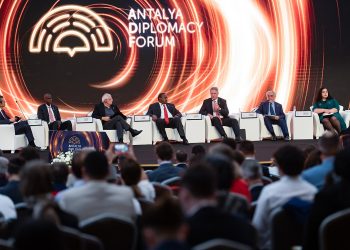 European High Representative of the Union for Foreign Affairs Josep Borrell (L3) and Moderator Ali Aslan (L), President of Haiti Jovenel Moise (L2), Presindet of Kenya Uhuru Kenyatta (C), OECD Secretary General Mathias Corman(R3), President of Somalia Mohamed Abdullah Farmajo (R2), President of Kosovo Viosa Osmani- Sadriu (R) Leader's Session I ''Global Governance : New Approaches of Global Solutions during at the  Antalya Diplomacy Forum  in Antalya, Turkey on June 18, 2021.