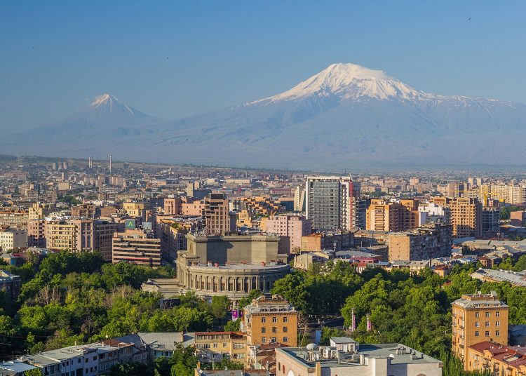 Mount Ararat and the Yerevan skyline in late spring 2018