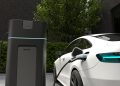 Electric car charging at home, Clean energy filling technology. 3D illustration