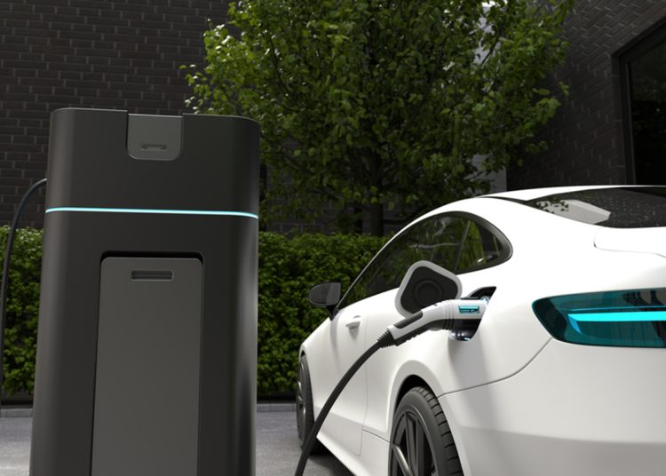 Electric car charging at home, Clean energy filling technology. 3D illustration