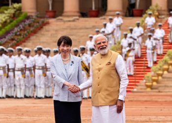Japan's Prime Minister Sanae Takaichi, left, and Indian Prime Minister Narendra Modi pose for a photograph at a ceremonial reception for her at the Rashtrapati Bhavan in New Delhi, India, Thursday, July 2, 2026. (AP Photo/Manish Swarup)